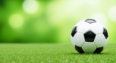 Fototapeta premium Soccer ball on green grass with a blurred background. Represents the energy of sports, a game, and fitness activities for football league promotions