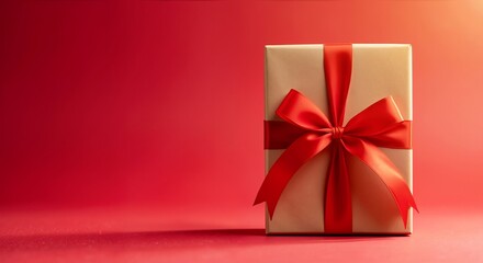 Kraft paper gift box with a red satin ribbon and bow on a red background. Evokes christmas, birthdays, and festive gifting for special celebrations and promotions