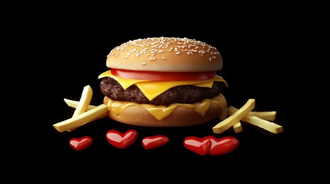 Delicious cheeseburger with crispy french fries and heart shaped ketchup on a black background