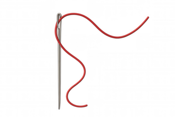 Sewing needle with red thread passing through the eye, symbolizing mending, craft, and textile work on transparent background
