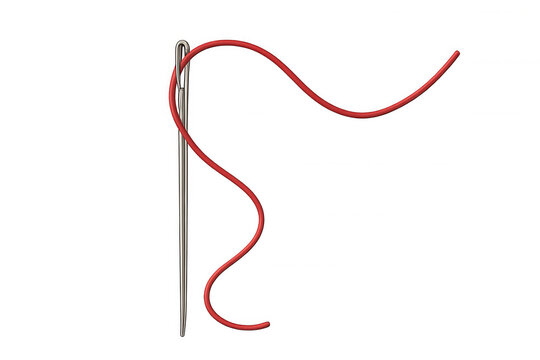 Sewing needle with red thread passing through the eye, symbolizing mending, craft, and textile work on transparent background