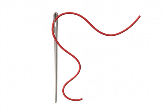 Sewing needle with red thread passing through the eye, symbolizing mending, craft, and textile work on transparent background