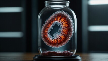 Strange creature embryo from another life planet preserved in regency glass captured in a futuristic setting showcasing alien biology, containment design, and speculative science fiction