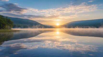 Obraz premium Spectacular sunrise paints the sky over a misty lake, with the suns golden rays reflecting on the waters surface, creating a breathtaking vista