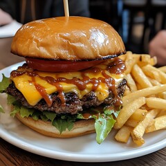 Juicy cheeseburger with melted cheddar cheese and a side of crispy french fries