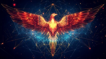 Majestic fiery phoenix bird with outstretched wings against a cosmic starry background