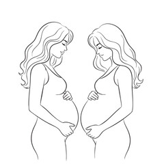 Two pregnant women in profile touching their bellies with wavy hair and closed eyes line art 1