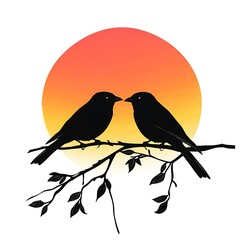 Two silhouetted birds perched on a branch against a vibrant sunset sky