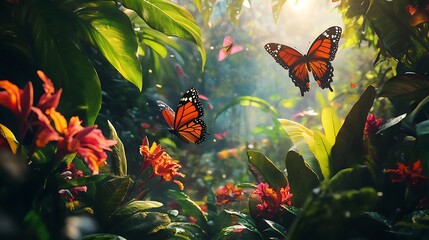 Vibrant orange butterflies flutter through a lush sun drenched tropical rainforest jungle