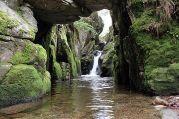 Narrow, moss-covered gorge framing a small waterfall cascading into a reflective stream