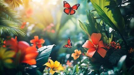 Vibrant tropical rainforest scene with a monarch butterfly flying among lush green foliage and colorful flowers