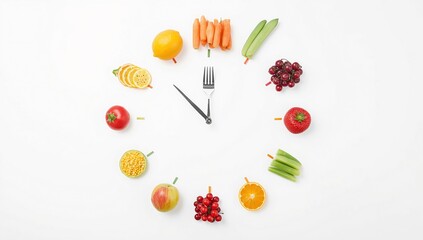 Healthy eating schedule concept with fruit and vegetables clock for diet plan and meal timing ideas