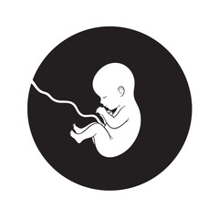 White fetus and umbilical cord illustration inside a black circle baby unborn