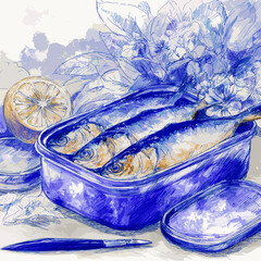 Canned sardines in a blue container with lemon and flowers on a watercolor background