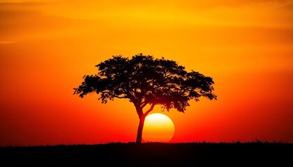 Silhouette of a lone tree against a vibrant orange and yellow sunset sky,  silhouette,  sky
