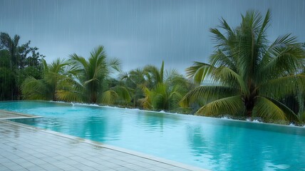 Rainy day at a tropical resort swimming pool with palm trees and lush greenery