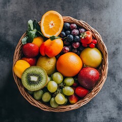 Abundant wicker basket overflowing with a colorful assortment of fresh ripe fruits
