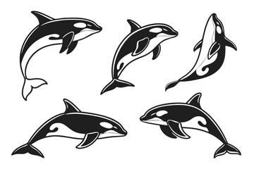Naklejka premium Minimalist orca whale icon set in black and yellow