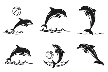 Playful dolphin pod minimalist icon set
