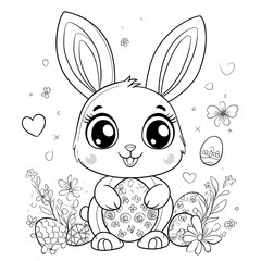 Cute easter bunny holding a decorated egg surrounded by flowers and hearts coloring page