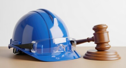 Construction Safety Gear and Gavel Symbolizing Legal Oversight and Compliance