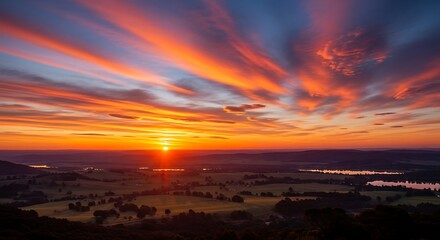 Vibrant Sunrise over Rural Landscape.