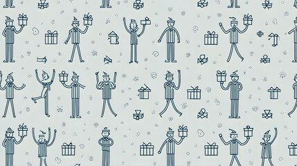 A playful pattern featuring cheerful characters holding gifts, perfect for festive celebrations.
