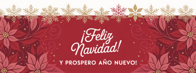 Festive Feliz Navidad banner featuring poinsettias and snowflakes perfect for holiday greetings and celebrations