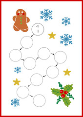 Festive Gingerbread Man Navigates Winter Wonderland numeric Path, a worksheet for kids. write down the numbers from 1 to 10, 