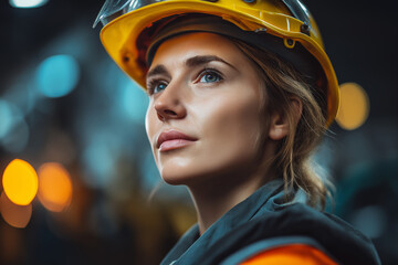 Middle-aged female engineer wearing a safety helmet in an industrial workplace, blurred background, warm tones.