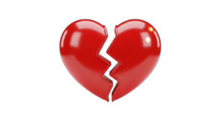 Glossy Red Broken Heart Symbol on White Background.