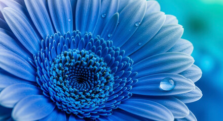 Vibrant blue flower with dew drops.