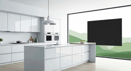 Minimalist white kitchen with panoramic window view.