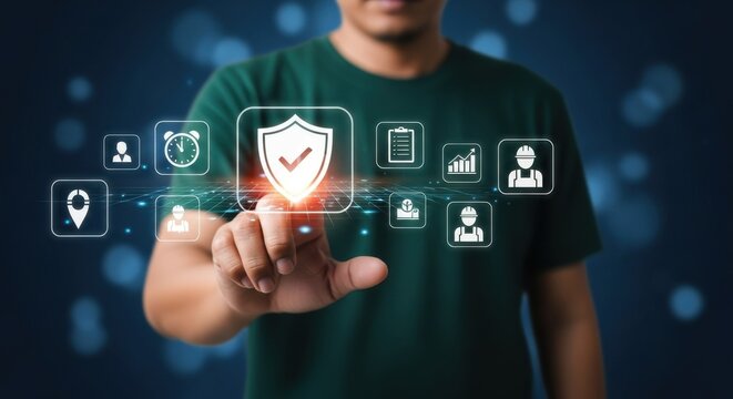 Digital Security and Protection Concept with Businessman Touching Virtual Shield Icon