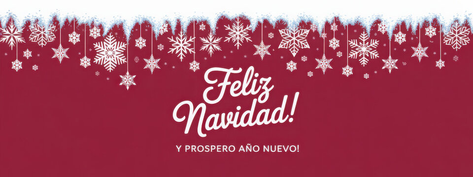 Elegant Feliz Navidad banner with snowflakes and snow a festive design for holiday greetings and social media on a red background - Powered by Adobe
