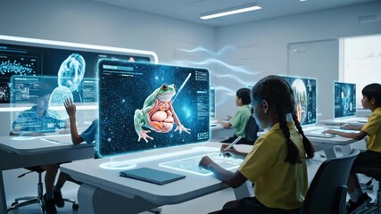 Children learning science in a modern classroom with holographic displays and interactive frogs - Powered by Adobe