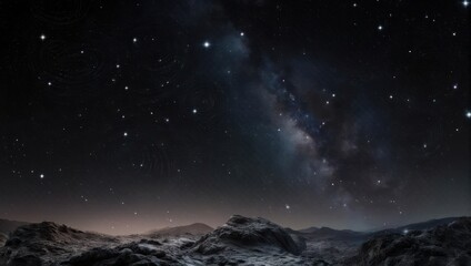 Fototapeta premium A darkened, rocky landscape against a vividly starlit night sky, showcasing the Milky Way