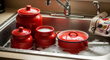Red kitchen pots soaking in soapy sink.