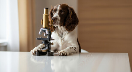 Dog intriguingly gazes through a microscope.