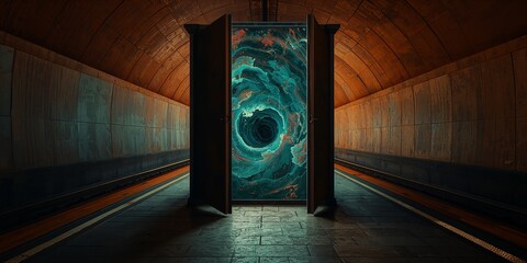 Open portal revealing a captivating teal and orange abstract swirling vortex in a dark, atmospheric subway tunnel.