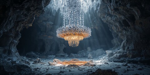 Dramatic cave interior featuring a grand crystal chandelier suspended from the rugged ceiling, illuminated by ethereal light shafts and golden glow.