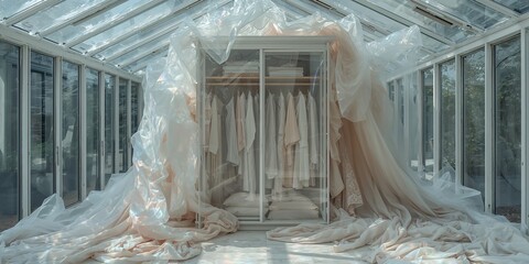 Ethereal Greenhouse Interior Showcasing a Minimalist Wardrobe Surrounded by Billowing Translucent Fabrics and Bright Daylight