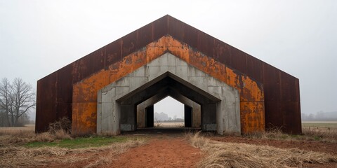 Eerie multi-layered concrete and rusted corten steel architectural structure, resembling nested tunnels, standing in a desolate, misty rural field on an overcast day.