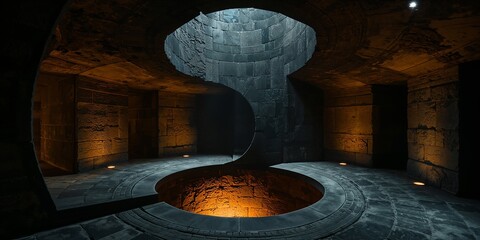 Mysterious subterranean chamber with ancient stone architecture, featuring a central glowing circular pit and dramatically curved walls under dim light.