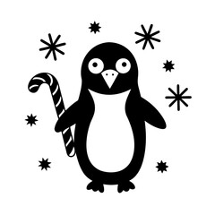 penguin holding a candy cane surrounded by snowflake.