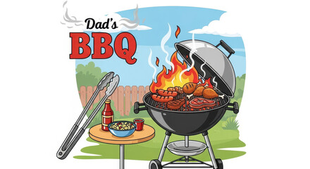 Cartoon BBQ grill with food and utensils.