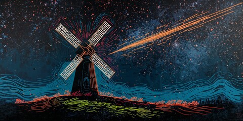 Striking digital illustration of a neon-outlined windmill under a starry cosmic sky, hit by an orange light beam, symbolizing energy and futuristic impact.