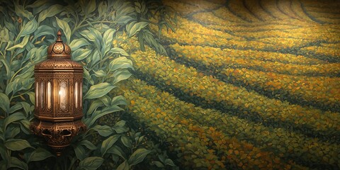 Ornate Ancient Brass Lantern Illuminating Lush Green Tea Leaves with a Warm Glow Against a Painterly Tea Plantation Field