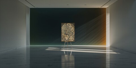 Dramatic sunlight illuminates a luxurious ornate gold-toned artwork displayed on an easel in a sleek, minimalist modern art gallery interior.