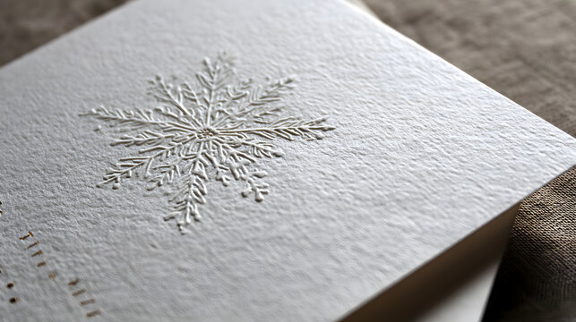 Elegant embossed snowflake design on a textured card, perfect for holiday greetings.